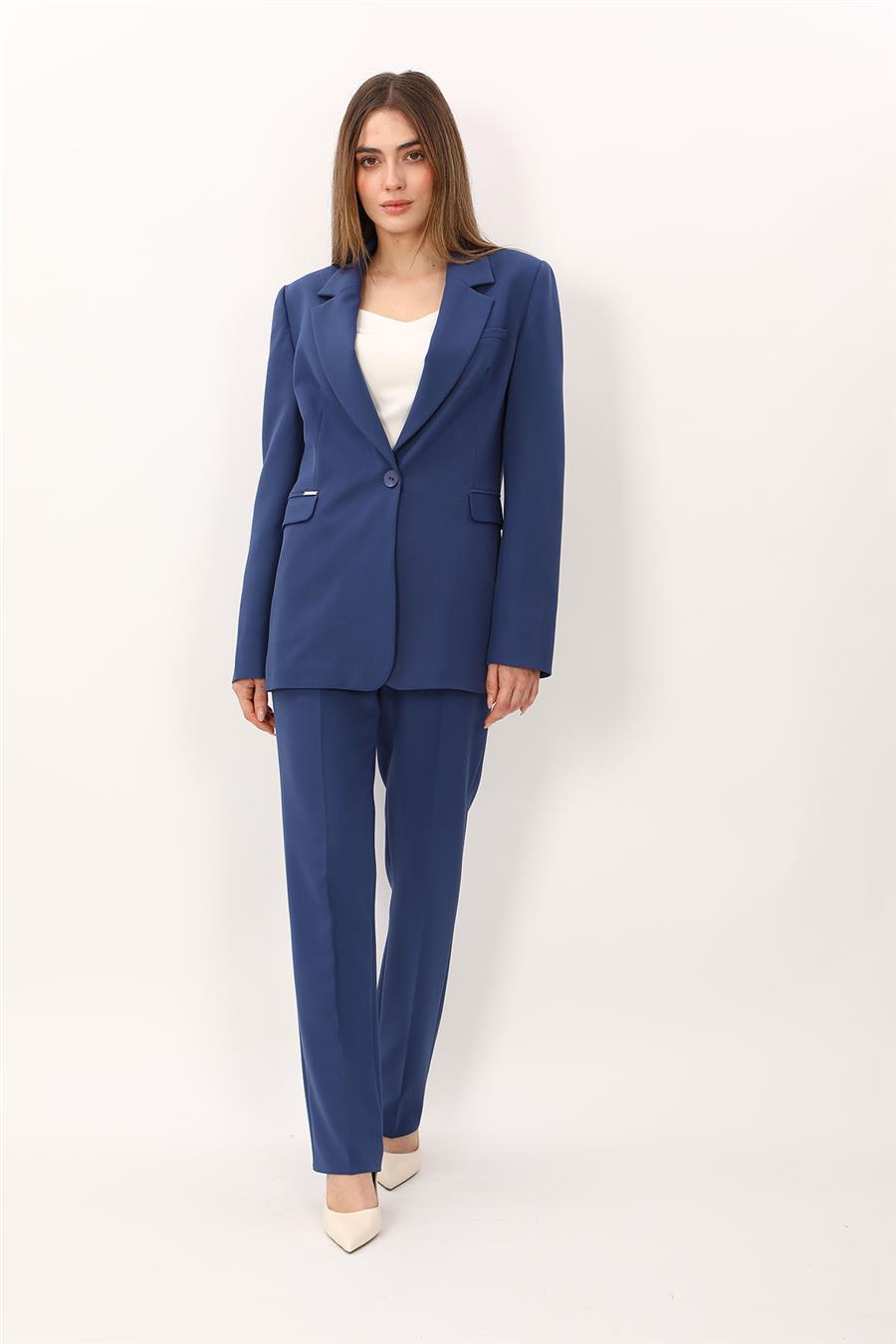 Oversize Tek Düğme Klasik Ceket & Cepli Boru Paça Pantolon Kadın Takım Elbise-İndigo - 1197505