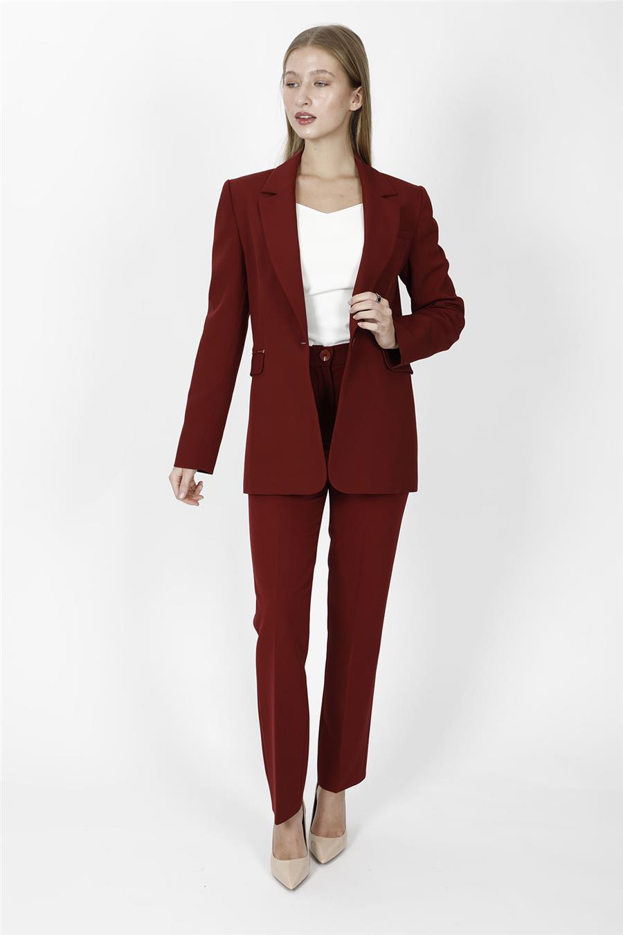 Oversize Tek Düğme Klasik Ceket & Cepli Boru Paça Pantolon Kadın Takım Elbise-Bordo - 1197505