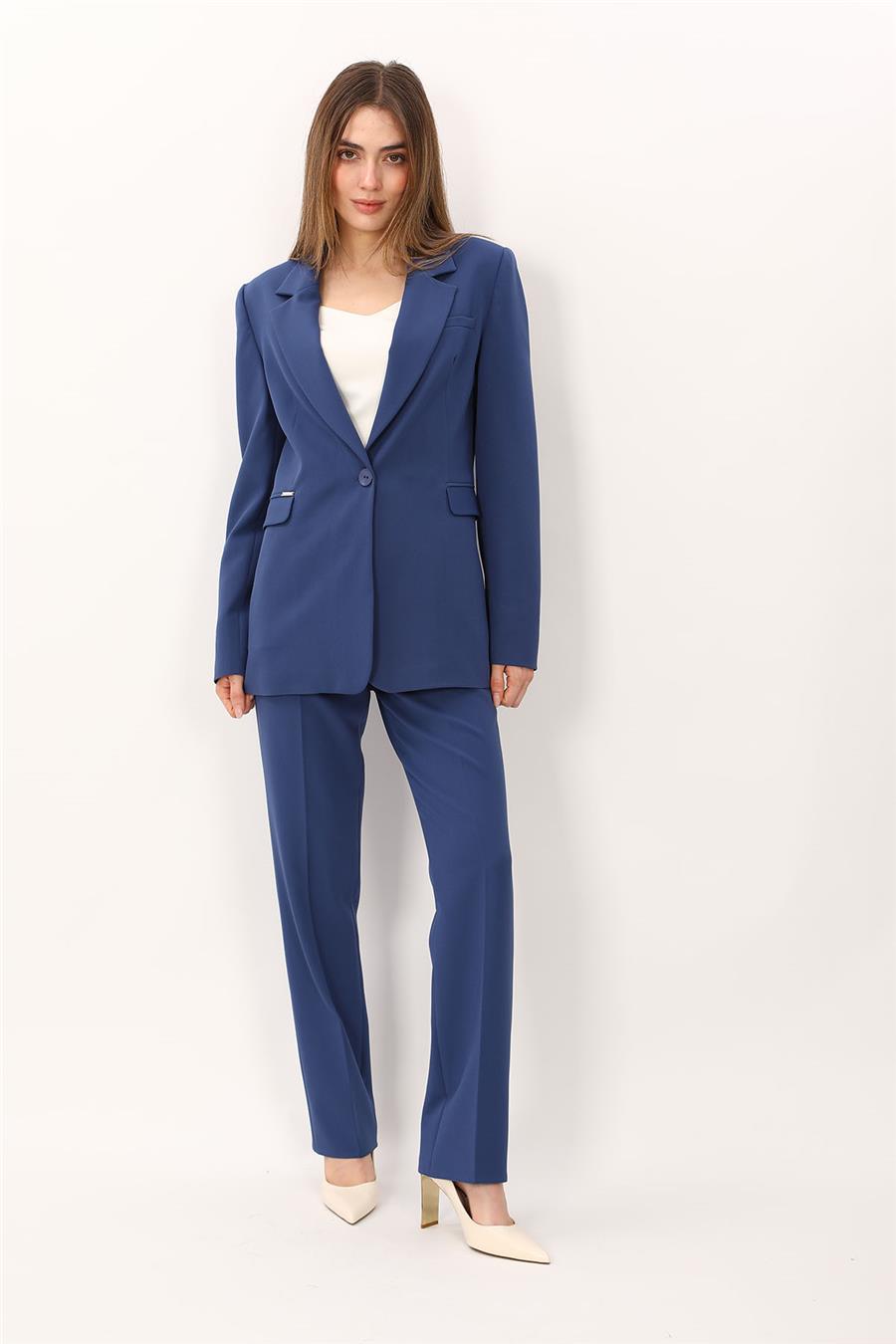 Oversize Tek Düğme Klasik Ceket & Cepli Boru Paça Pantolon Kadın Takım Elbise-İndigo - 1197505
