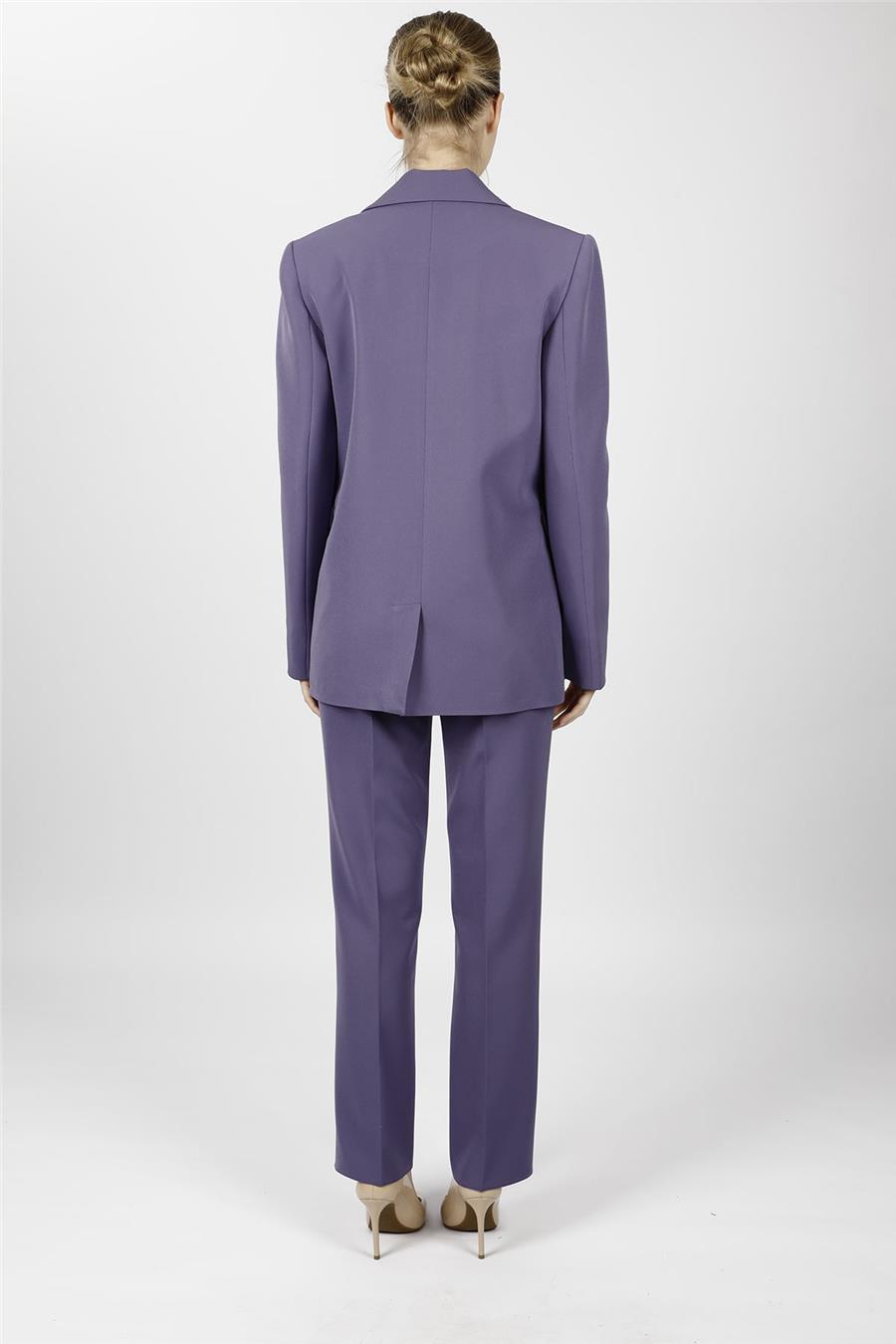Oversize Tek Düğme Klasik Ceket & Cepli Boru Paça Pantolon Kadın Takım Elbise-Lila - 1197505