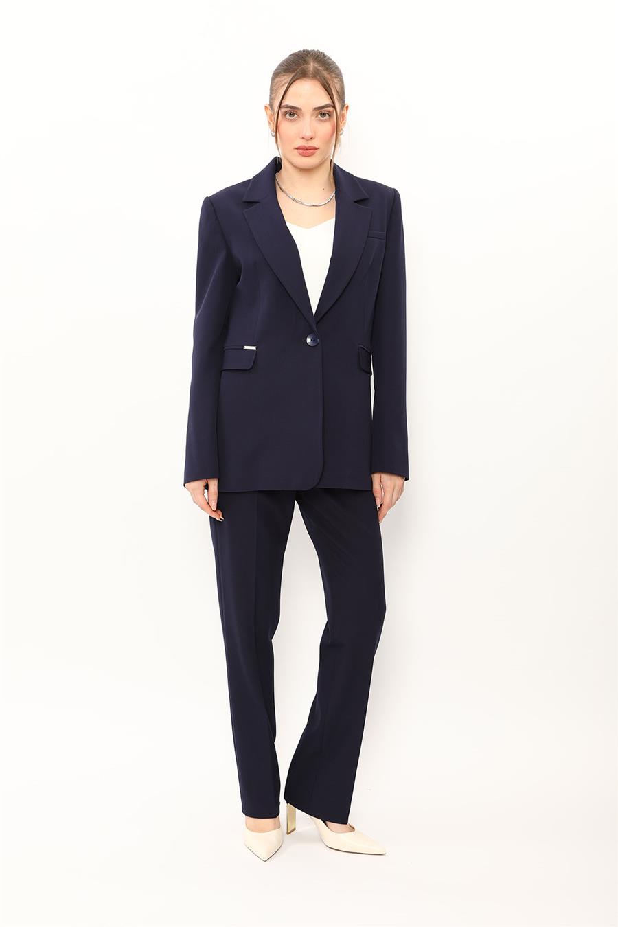 Oversize Tek Düğme Klasik Ceket & Cepli Boru Paça Pantolon Kadın Takım Elbise-Lacivert - 1197505