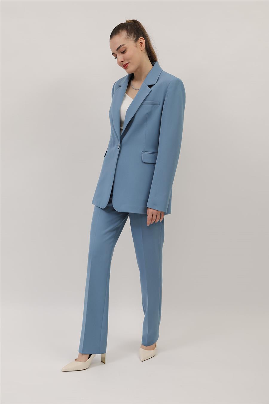Oversize Tek Düğme Klasik Ceket & Cepli Boru Paça Pantolon Kadın Takım Elbise-Deniz - 1197505