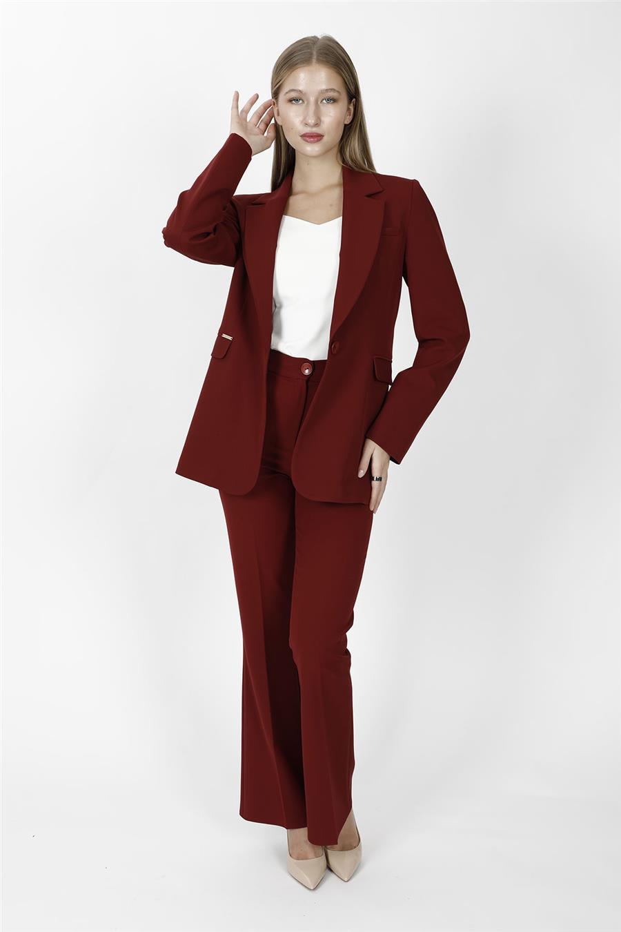 Oversize Tek Düğme Klasik Ceket & Cepli İspanyol Paça Pantolon Kadın Takım Elbise-Bordo - 1197506