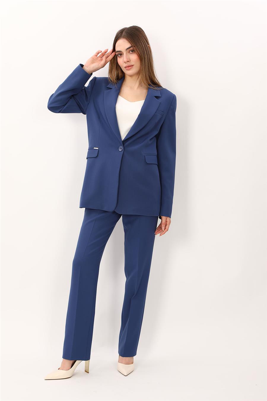 Oversize Tek Düğme Klasik Ceket & Cepli Boru Paça Pantolon Kadın Takım Elbise-İndigo - 1197505
