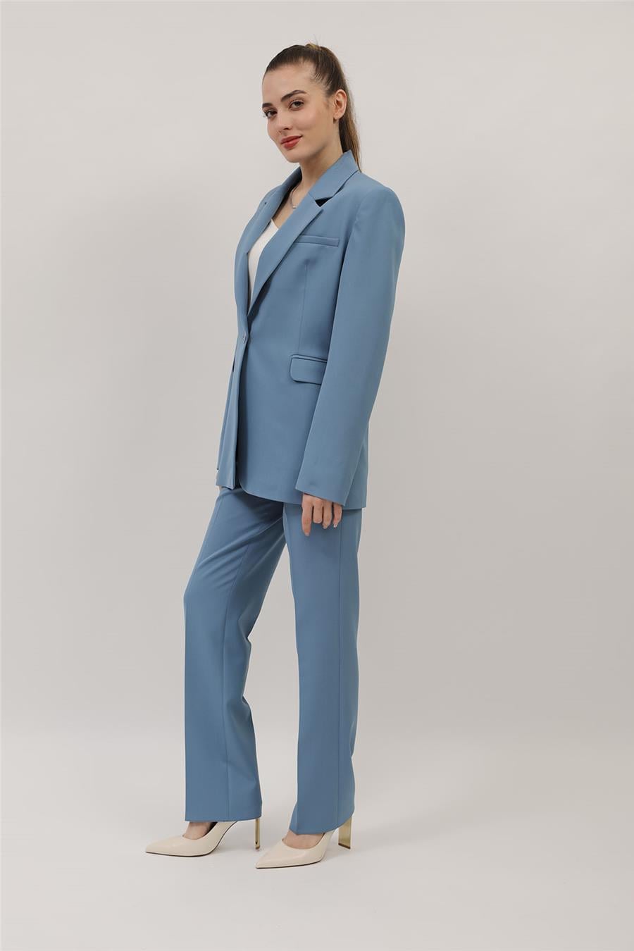Oversize Tek Düğme Klasik Ceket & Cepli Boru Paça Pantolon Kadın Takım Elbise-Deniz - 1197505