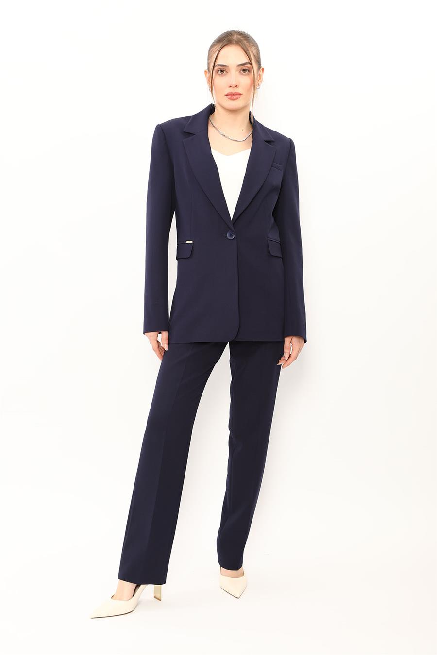 Oversize Tek Düğme Klasik Ceket & Cepli Boru Paça Pantolon Kadın Takım Elbise-Lacivert - 1197505