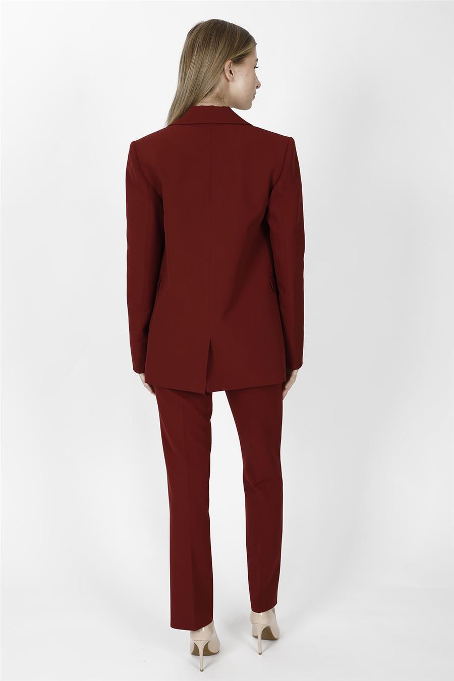 Oversize Tek Düğme Klasik Ceket & Cepli Boru Paça Pantolon Kadın Takım Elbise-Bordo - 1197505