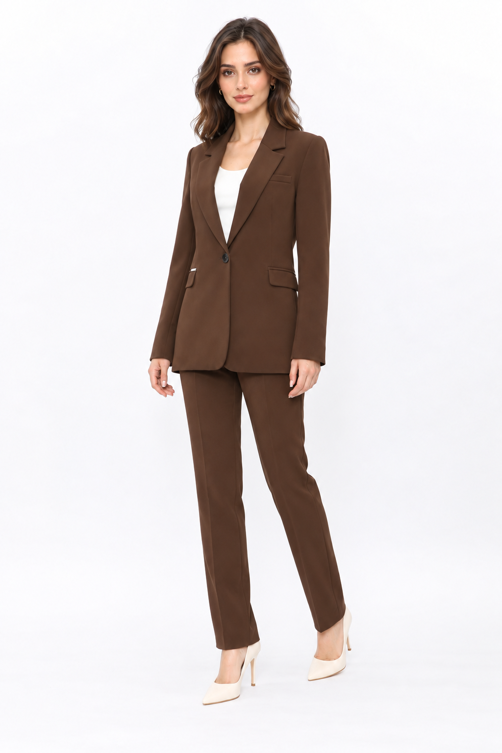 Oversize Tek Düğme Klasik Ceket & Cepli Boru Paça Pantolon Kadın Takım Elbise-Kestane - 1197505