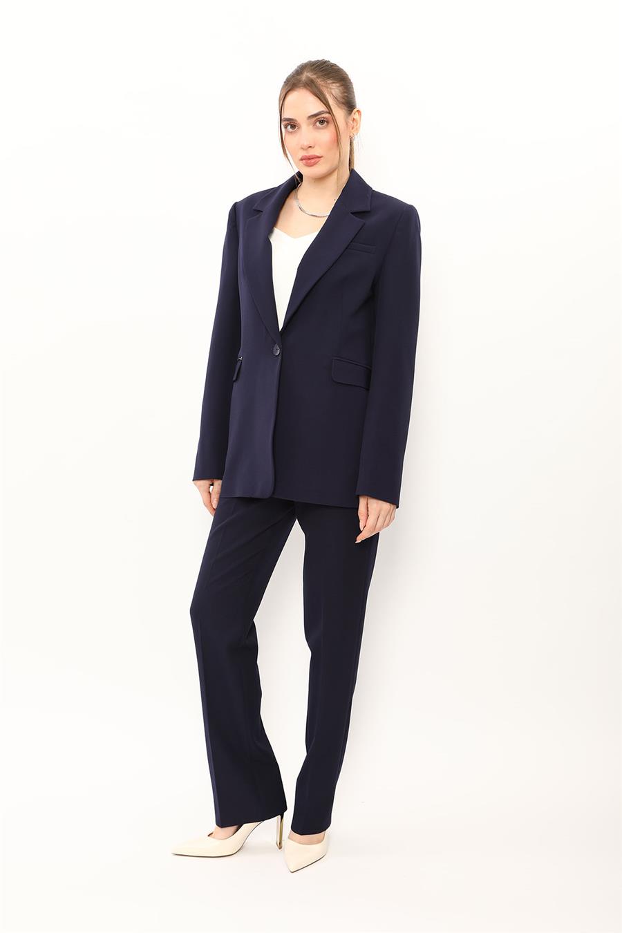 Oversize Tek Düğme Klasik Ceket & Cepli Boru Paça Pantolon Kadın Takım Elbise-Lacivert - 1197505