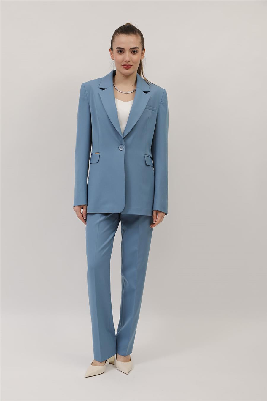 Oversize Tek Düğme Klasik Ceket & Cepli Boru Paça Pantolon Kadın Takım Elbise-Deniz - 1197505
