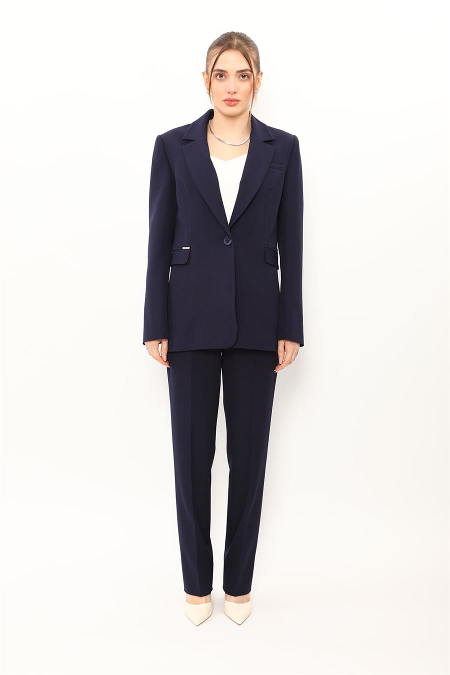 Oversize Tek Düğme Klasik Ceket & Cepli Boru Paça Pantolon Kadın Takım Elbise-Lacivert - 1197505