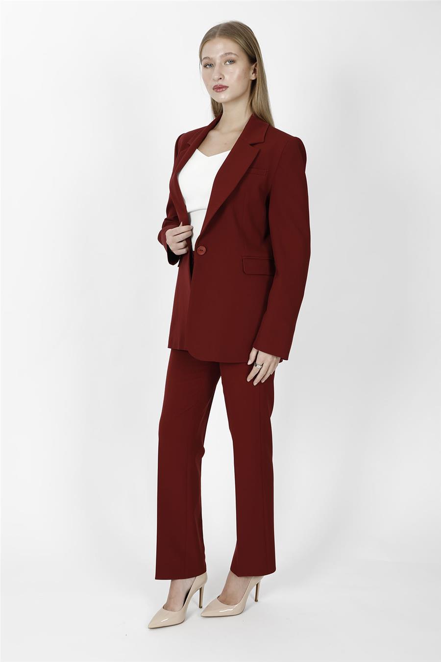 Oversize Tek Düğme Klasik Ceket & Cepli Boru Paça Pantolon Kadın Takım Elbise-Bordo - 1197505