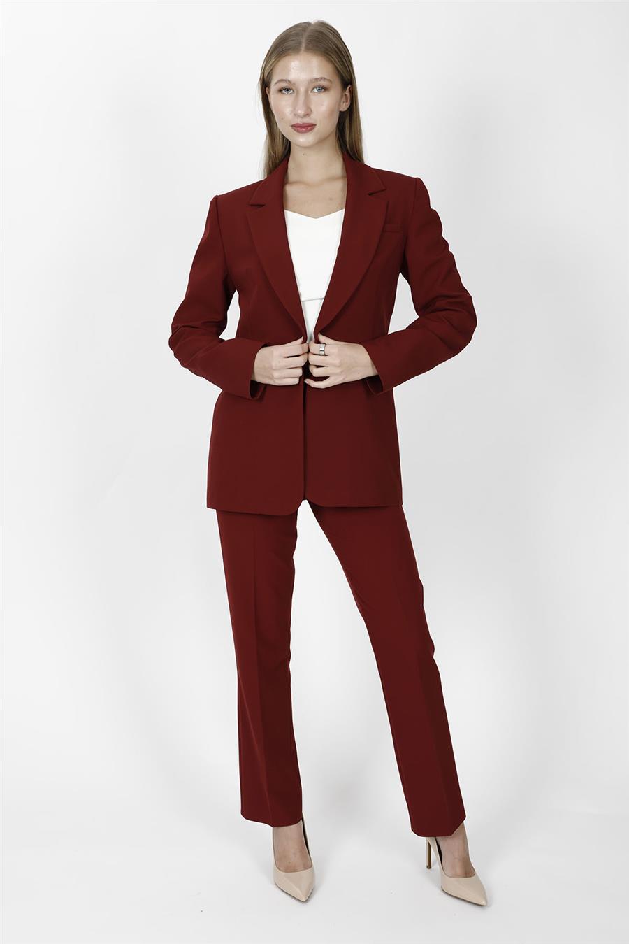 Oversize Tek Düğme Klasik Ceket & Cepli Boru Paça Pantolon Kadın Takım Elbise-Bordo - 1197505