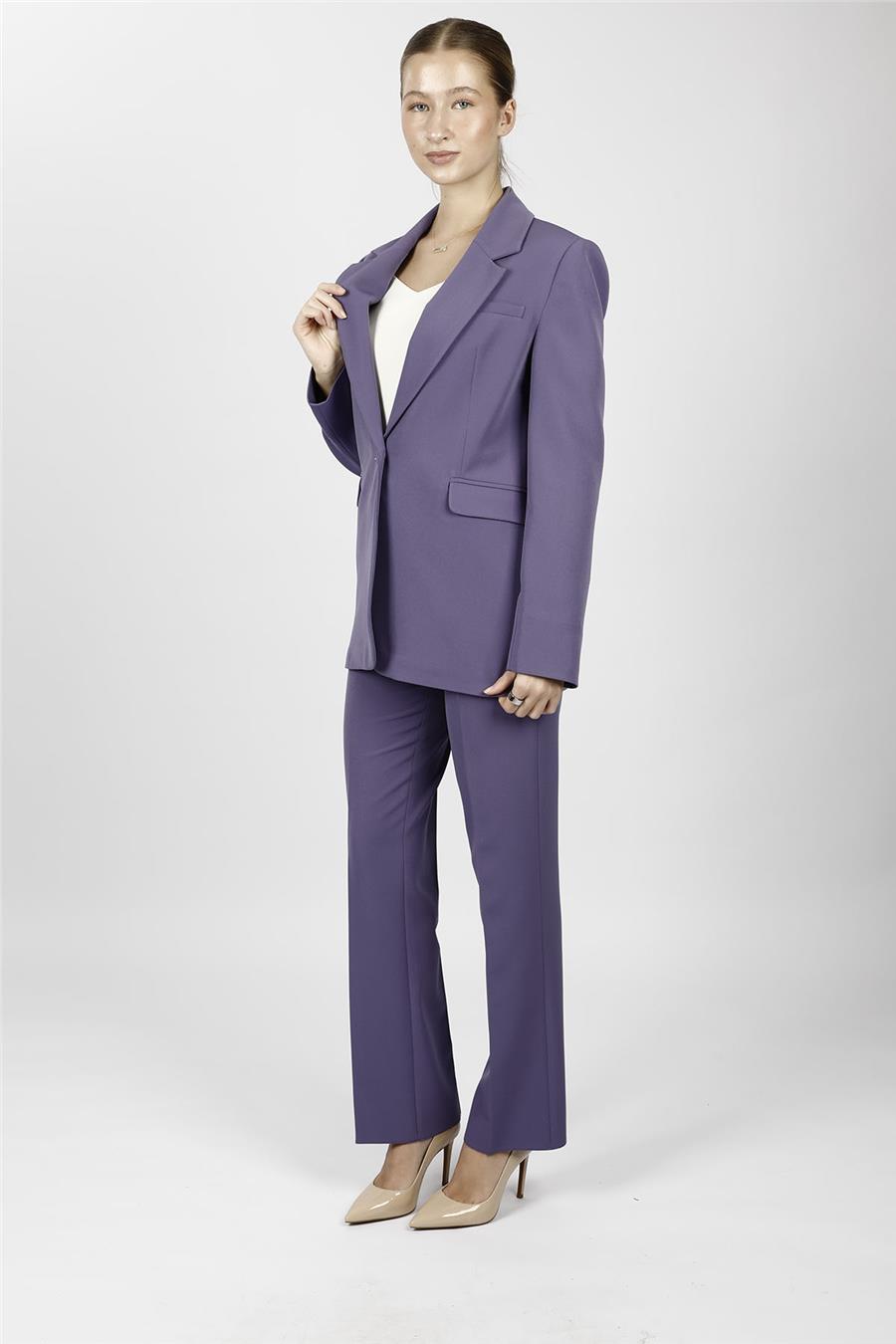 Oversize Tek Düğme Klasik Ceket & Cepli Boru Paça Pantolon Kadın Takım Elbise-Lila - 1197505