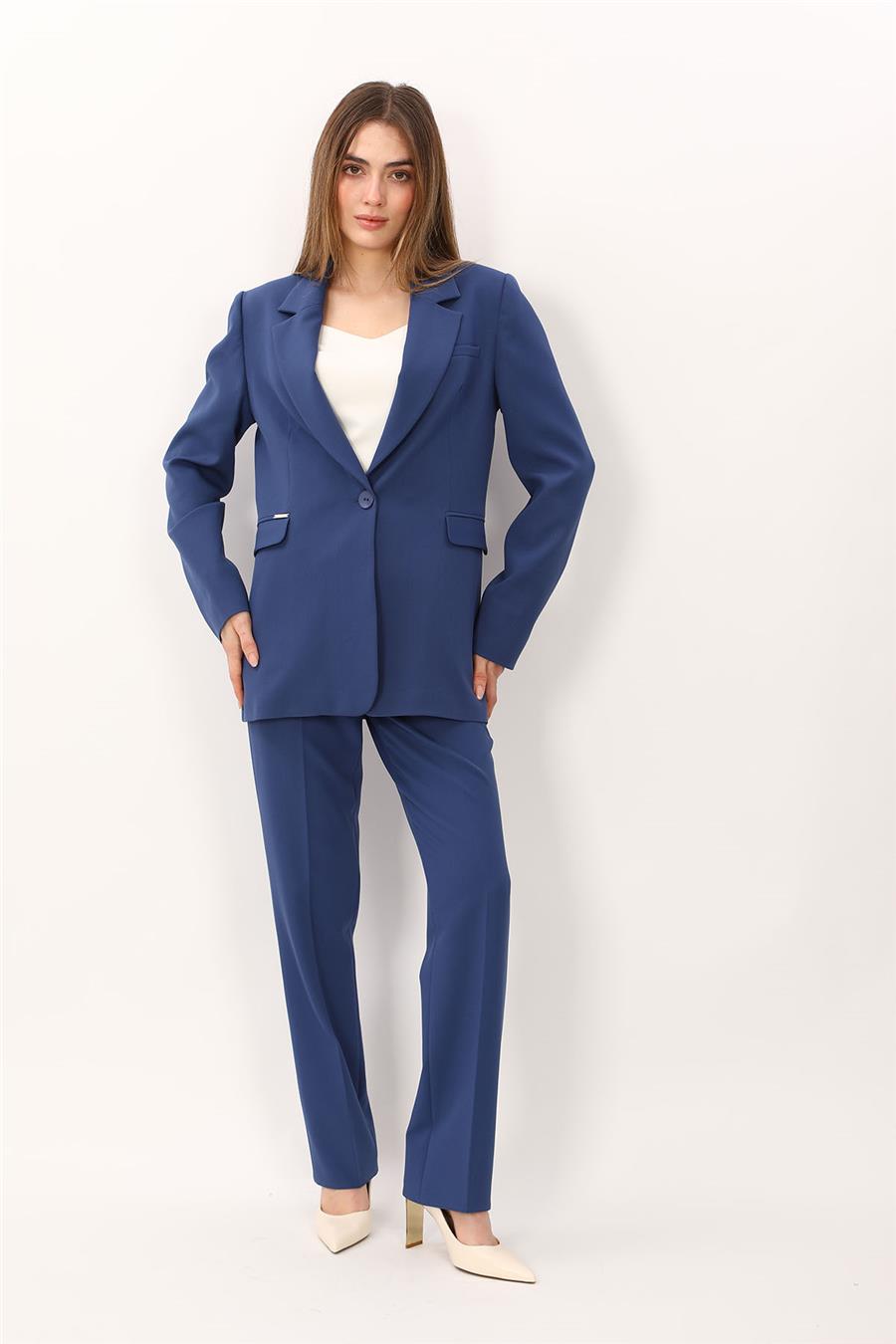 Oversize Tek Düğme Klasik Ceket & Cepli Boru Paça Pantolon Kadın Takım Elbise-İndigo - 1197505