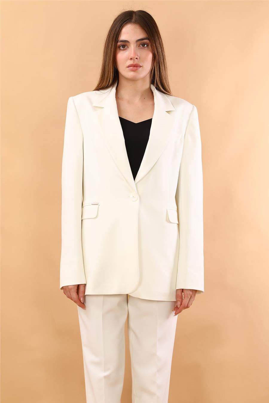 Oversize Tek Düğme Klasik Kadın Ceket-Beyaz