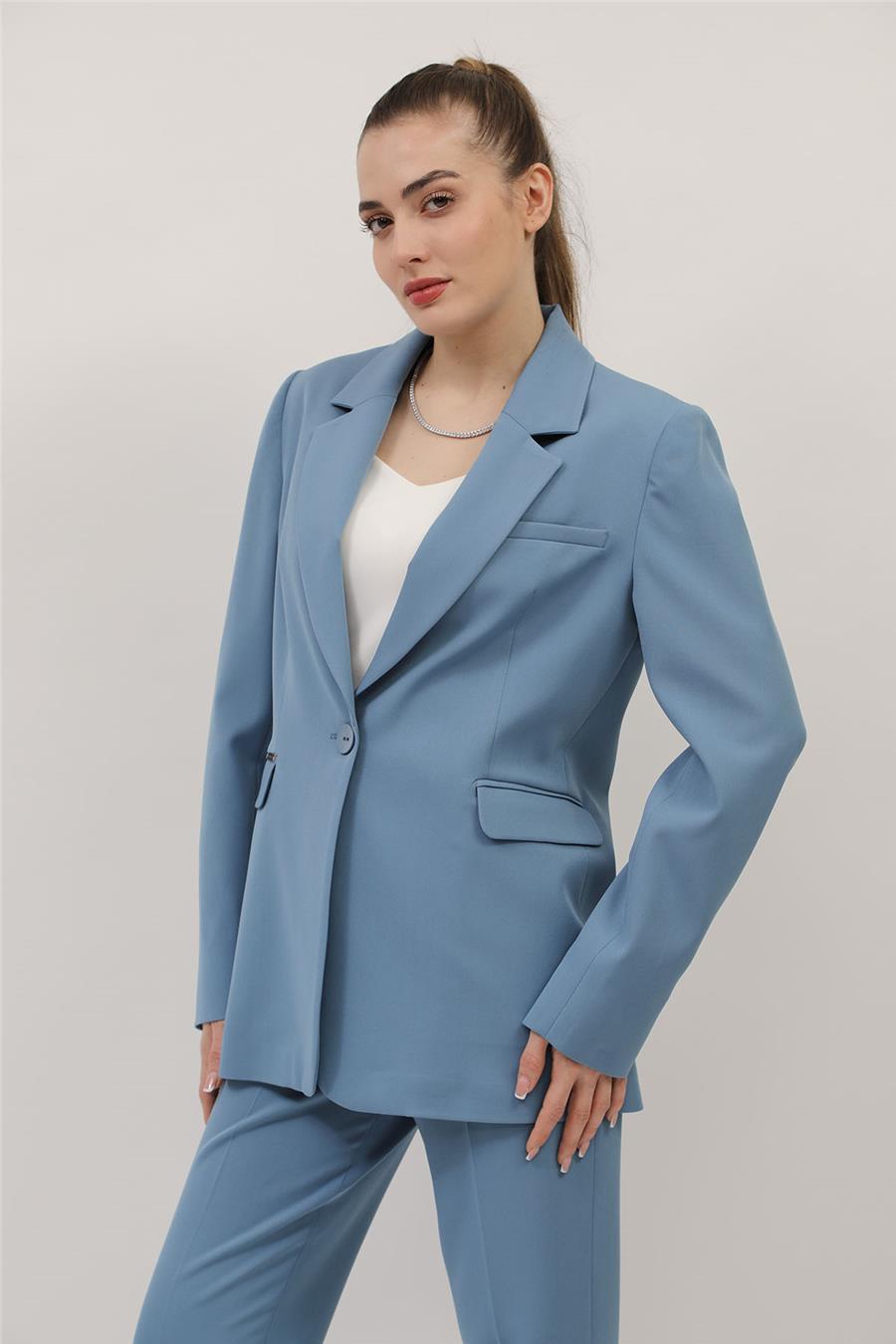 Oversize Tek Düğme Klasik Kadın Ceket-Deniz - 1197100