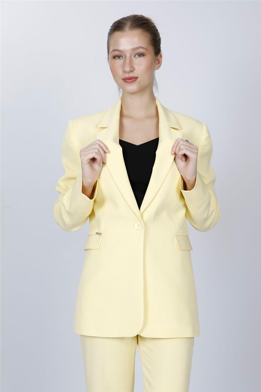 Oversize Tek Düğme Klasik Kadın Ceket-Sarı