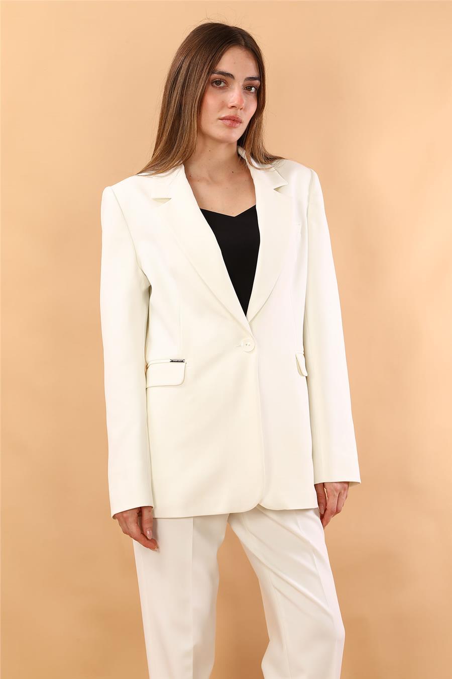 Oversize Tek Düğme Klasik Kadın Ceket-Beyaz