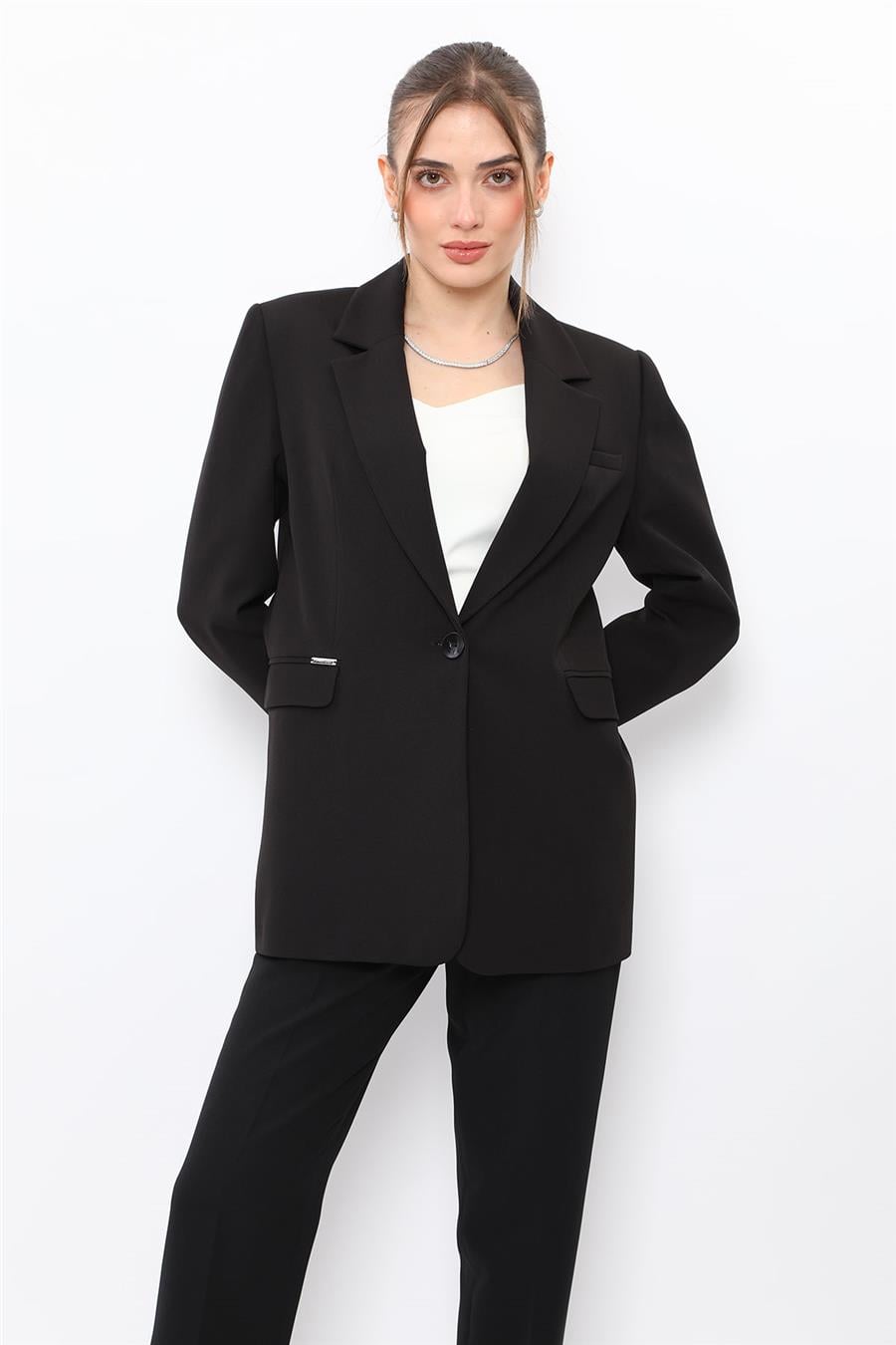 Oversize Tek Düğme Klasik Kadın Ceket-Siyah