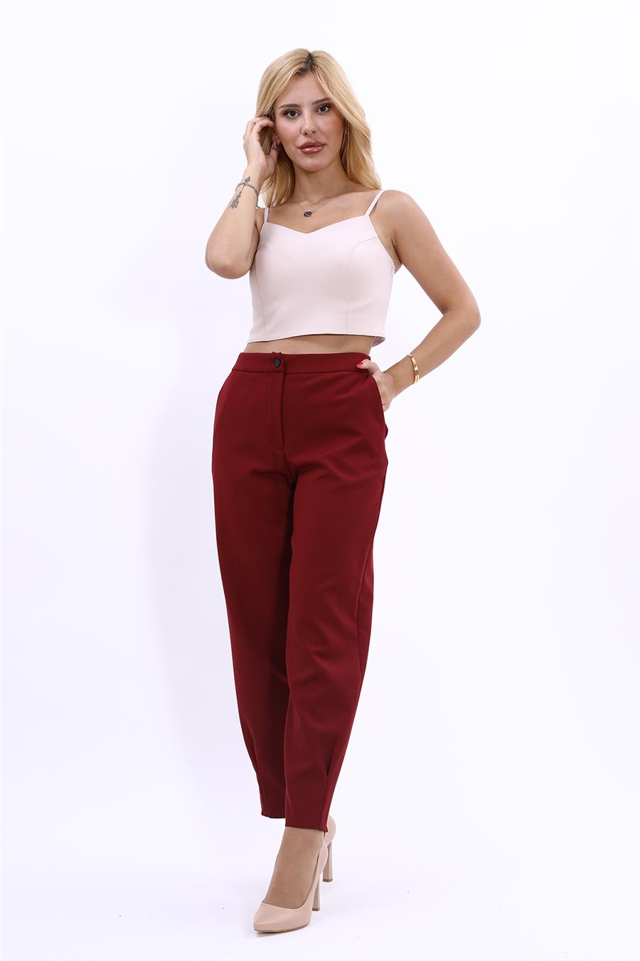 Paçası Pileli Pantolon-Bordo