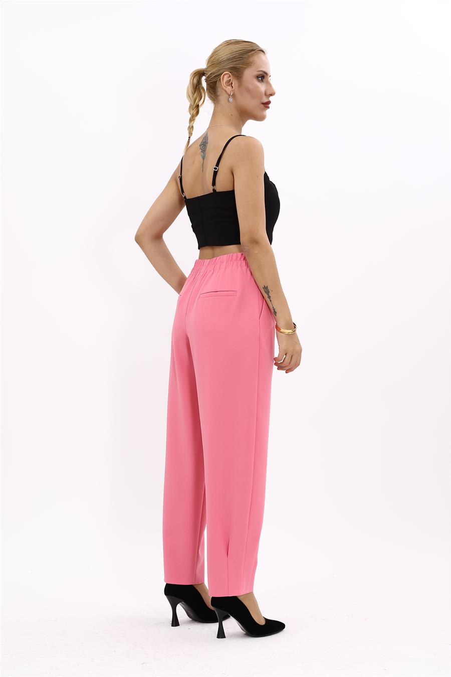 Paçası Pileli Pantolon-Pembe