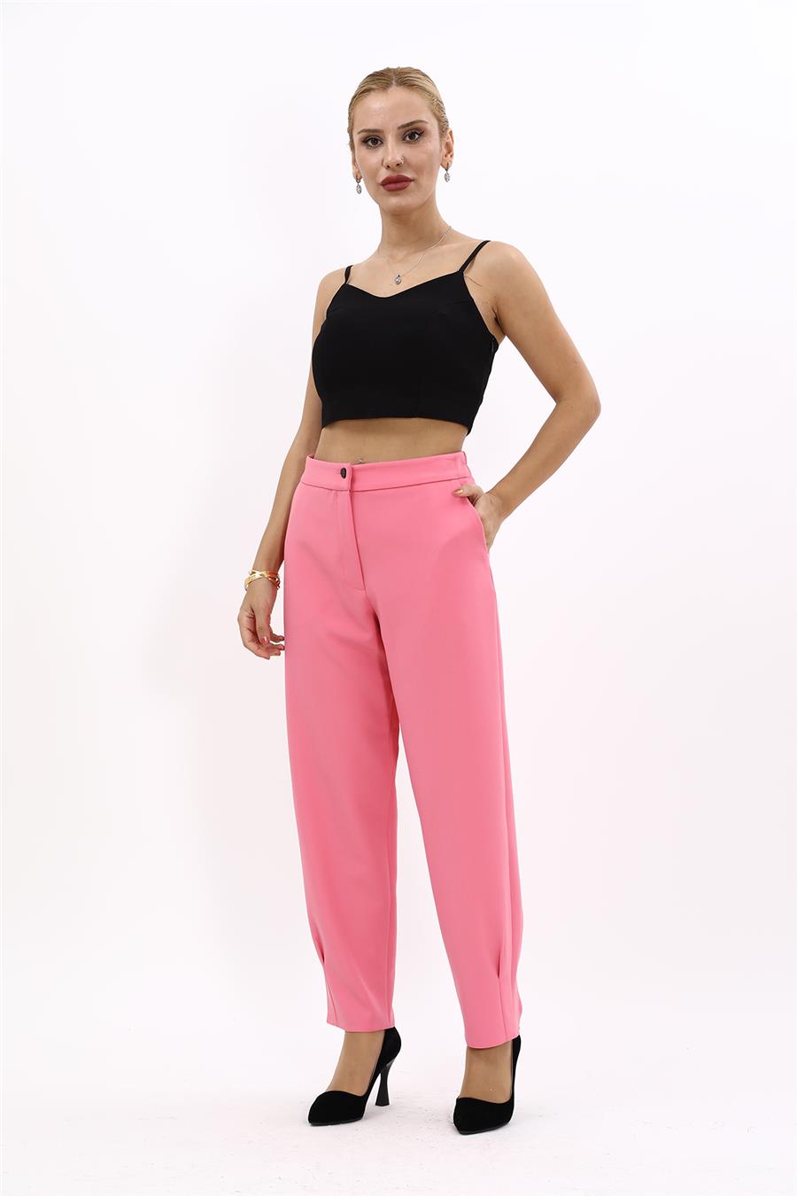 Paçası Pileli Pantolon-Pembe