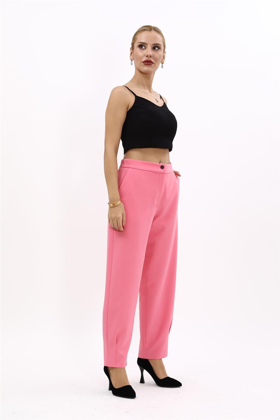 Paçası Pileli Pantolon-Pembe
