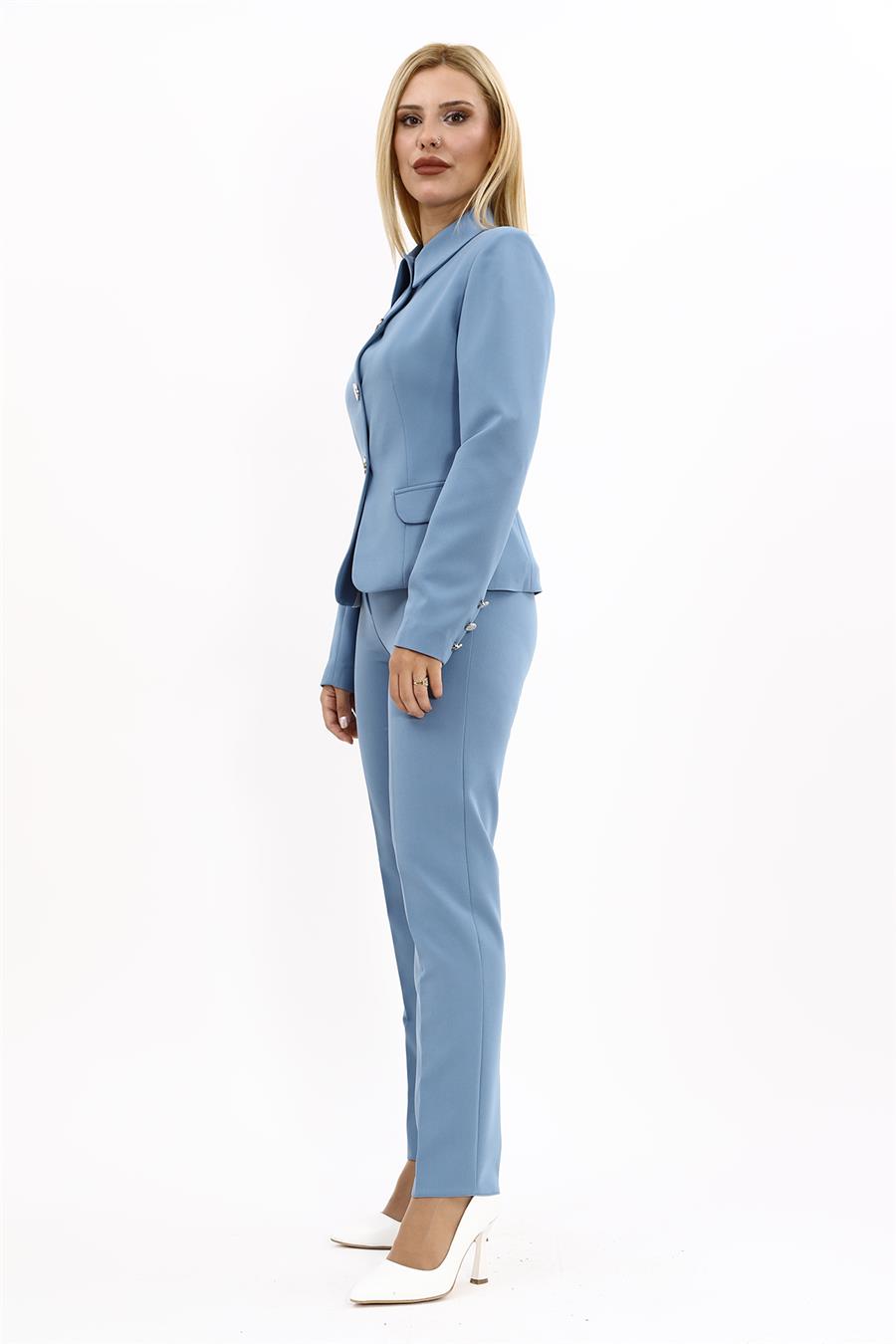 Peplum Ceket & Boru Paça Pantolon Takım-Deniz