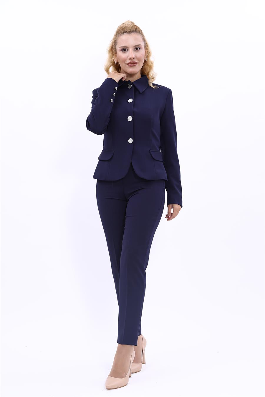 Peplum Ceket & Boru Paça Pantolon Takım-Lacivert - 1054510