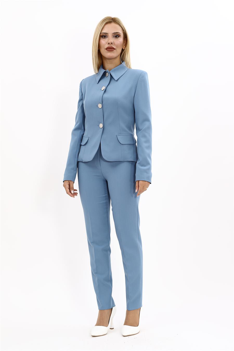 Peplum Ceket & Boru Paça Pantolon Takım-Deniz