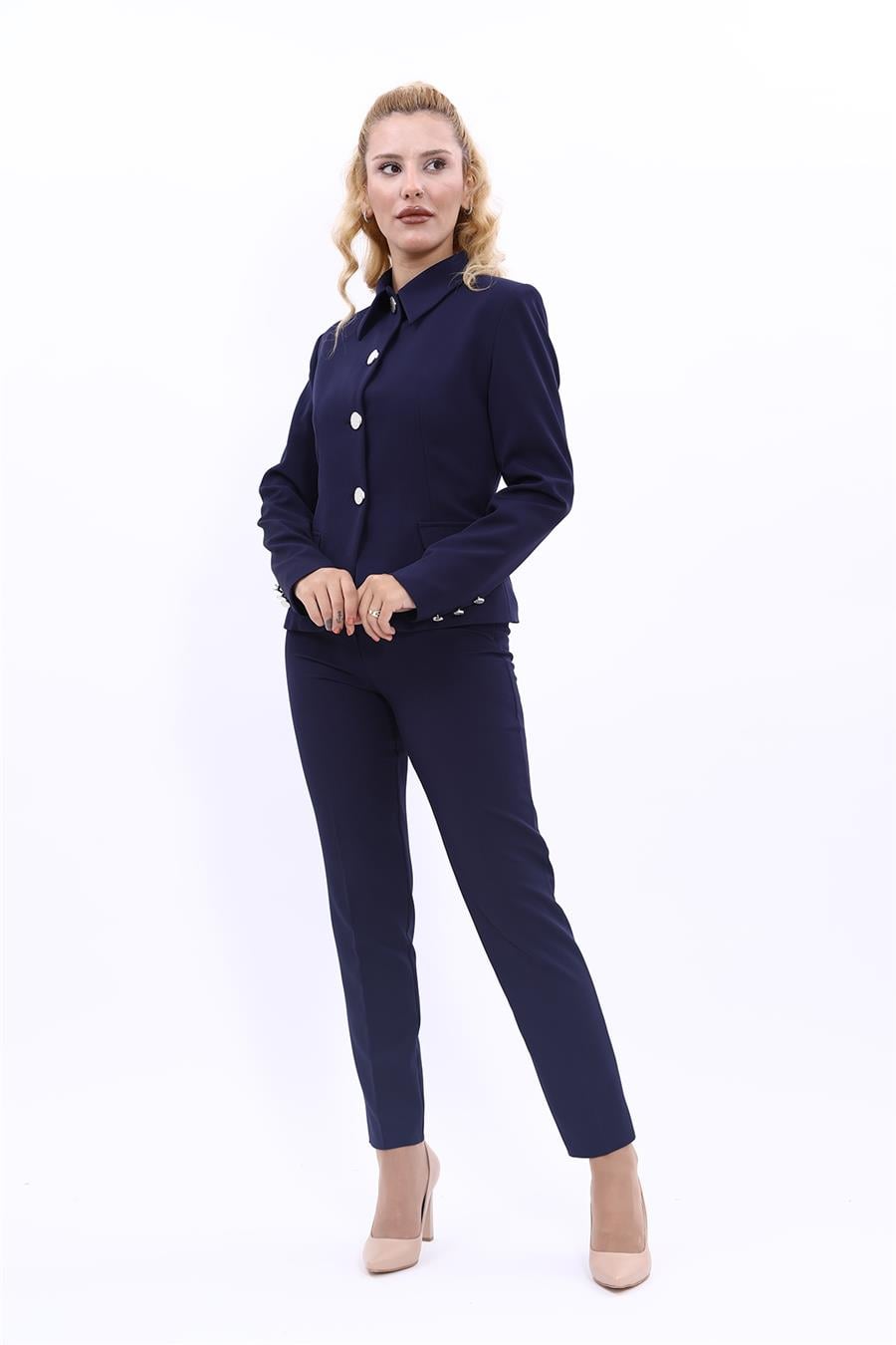 Peplum Ceket & Boru Paça Pantolon Takım-Lacivert - 1054510