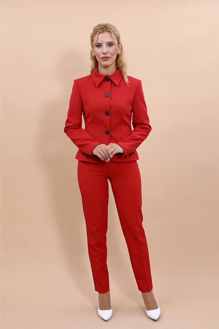 Peplum Ceket & Boru Paça Pantolon Takım-Kırmızı - 1054510