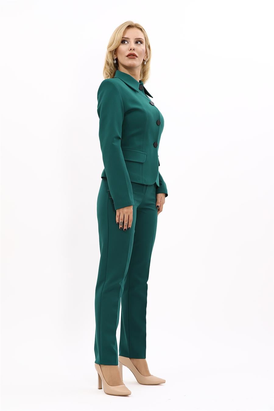 Peplum Ceket & Boru Paça Pantolon Takım-Zümrüt
