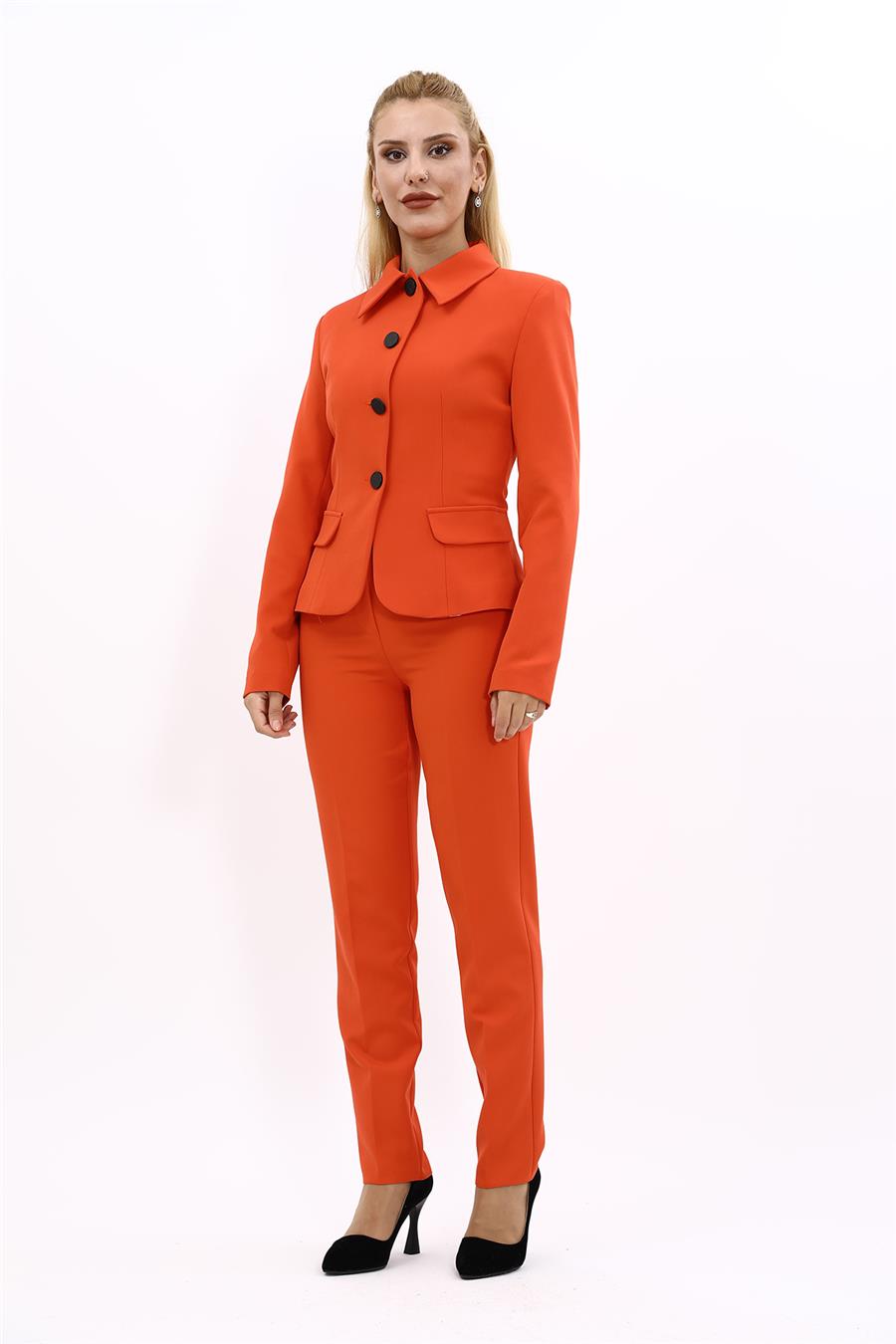 Peplum Ceket & Boru Paça Pantolon Takım-Turuncu