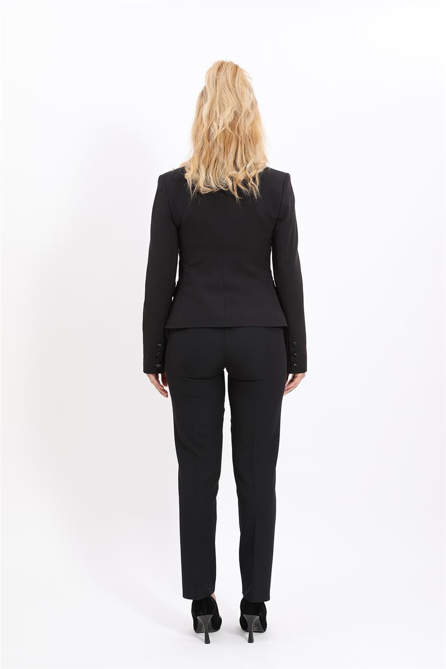 Peplum Ceket & Boru Paça Pantolon Takım-Siyah