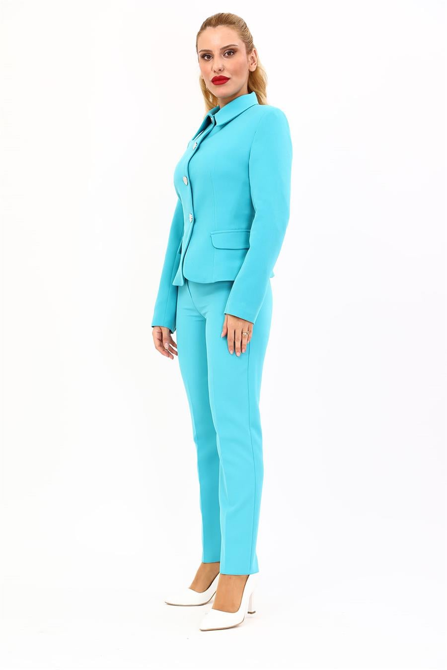 Peplum Ceket & Boru Paça Pantolon Takım-Turkuaz
