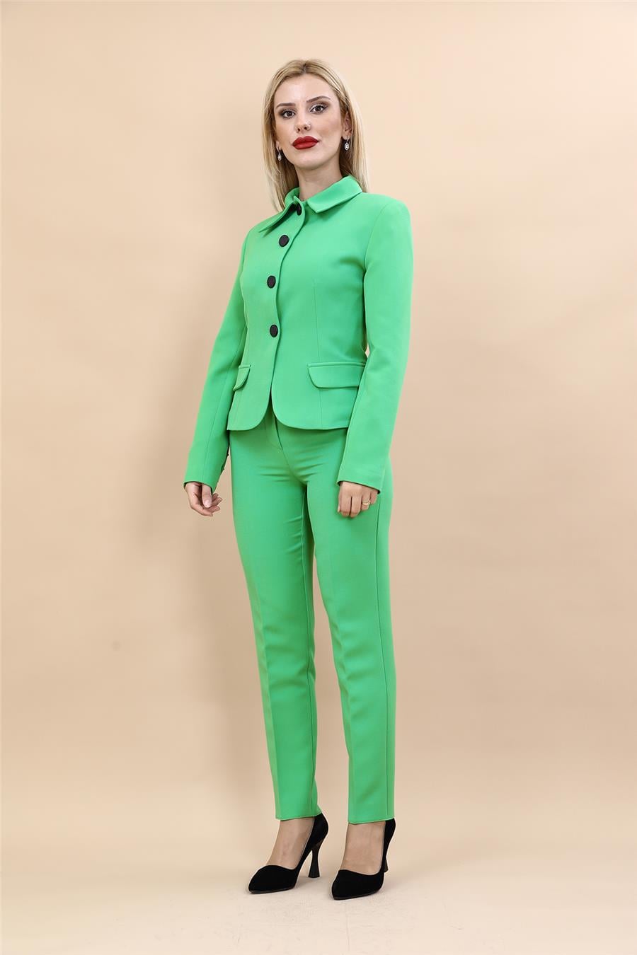 Peplum Ceket & Boru Paça Pantolon Takım-Yeşil