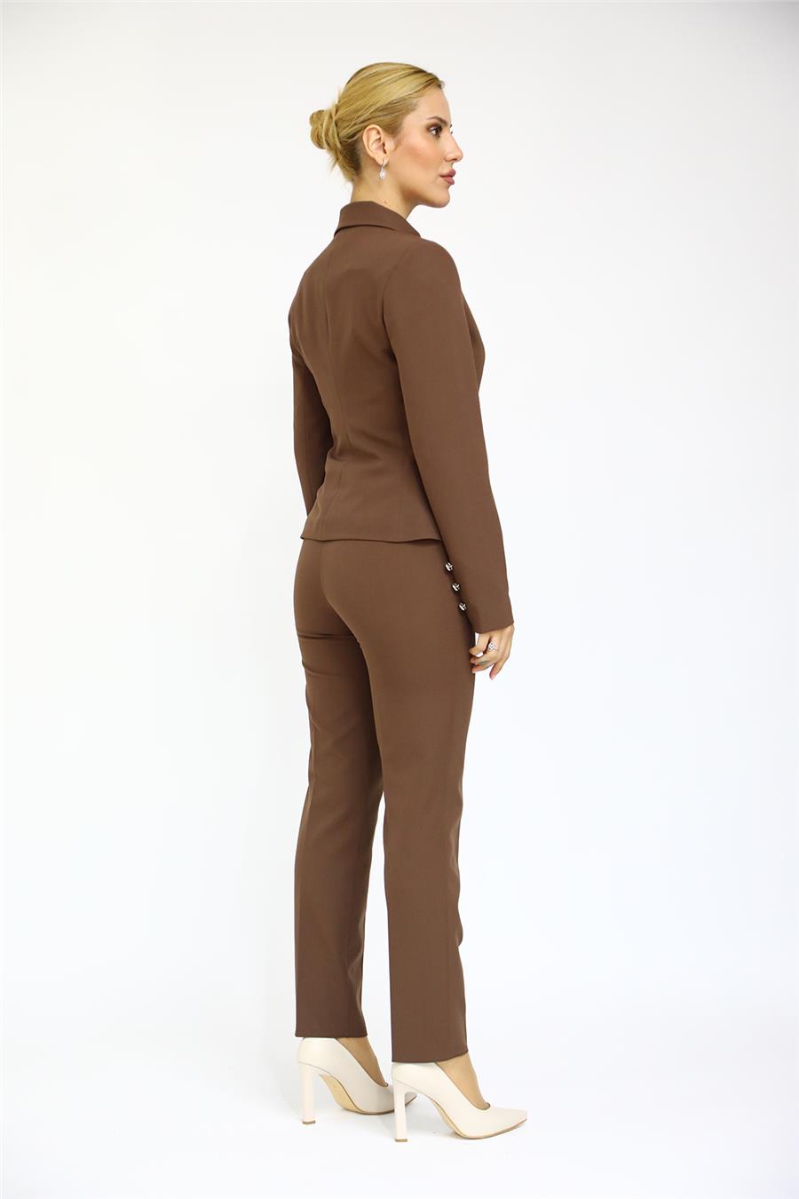 Peplum Ceket & Boru Paça Pantolon Takım-Kestane - 1054510