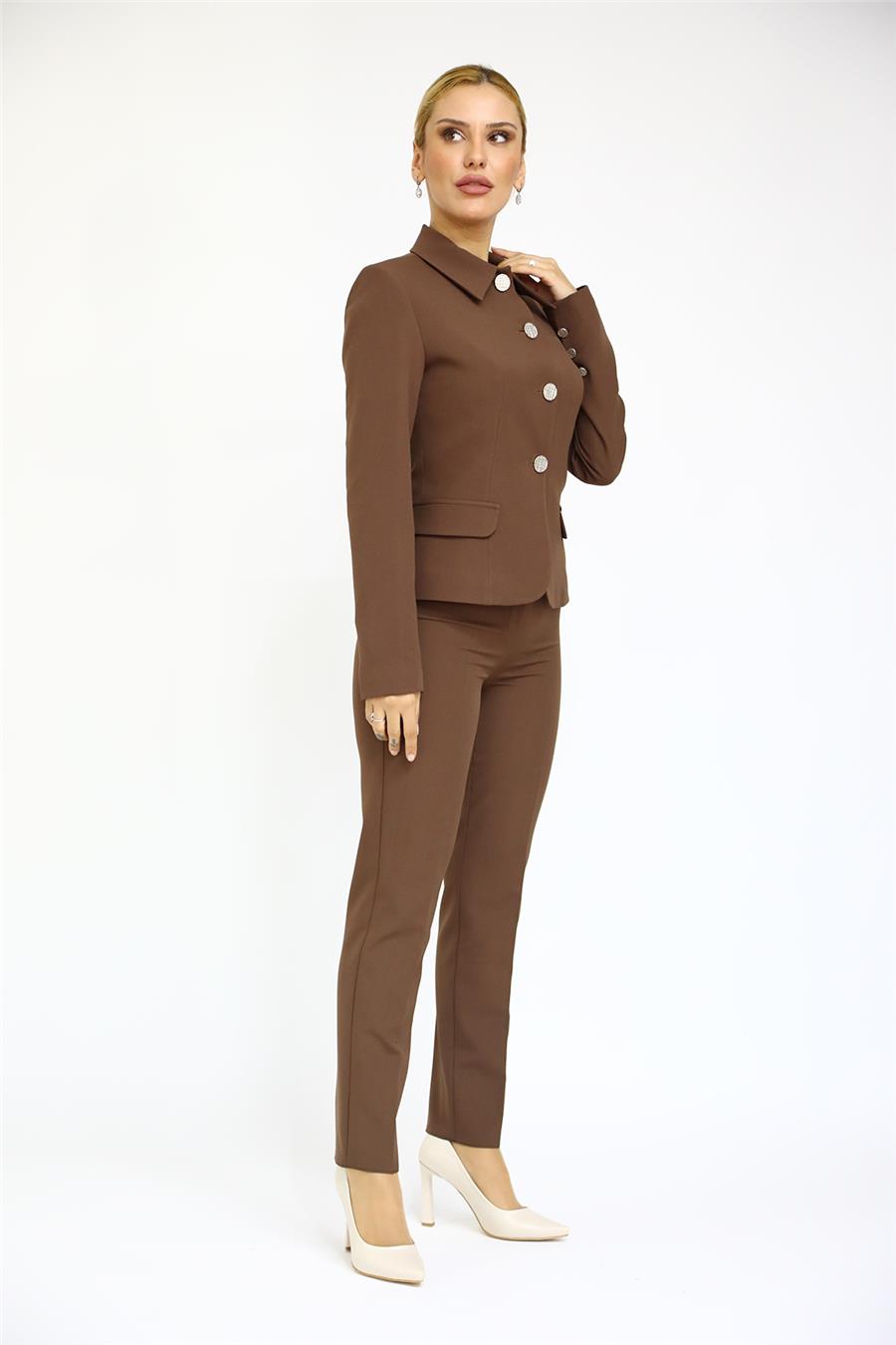 Peplum Ceket & Boru Paça Pantolon Takım-Kestane - 1054510