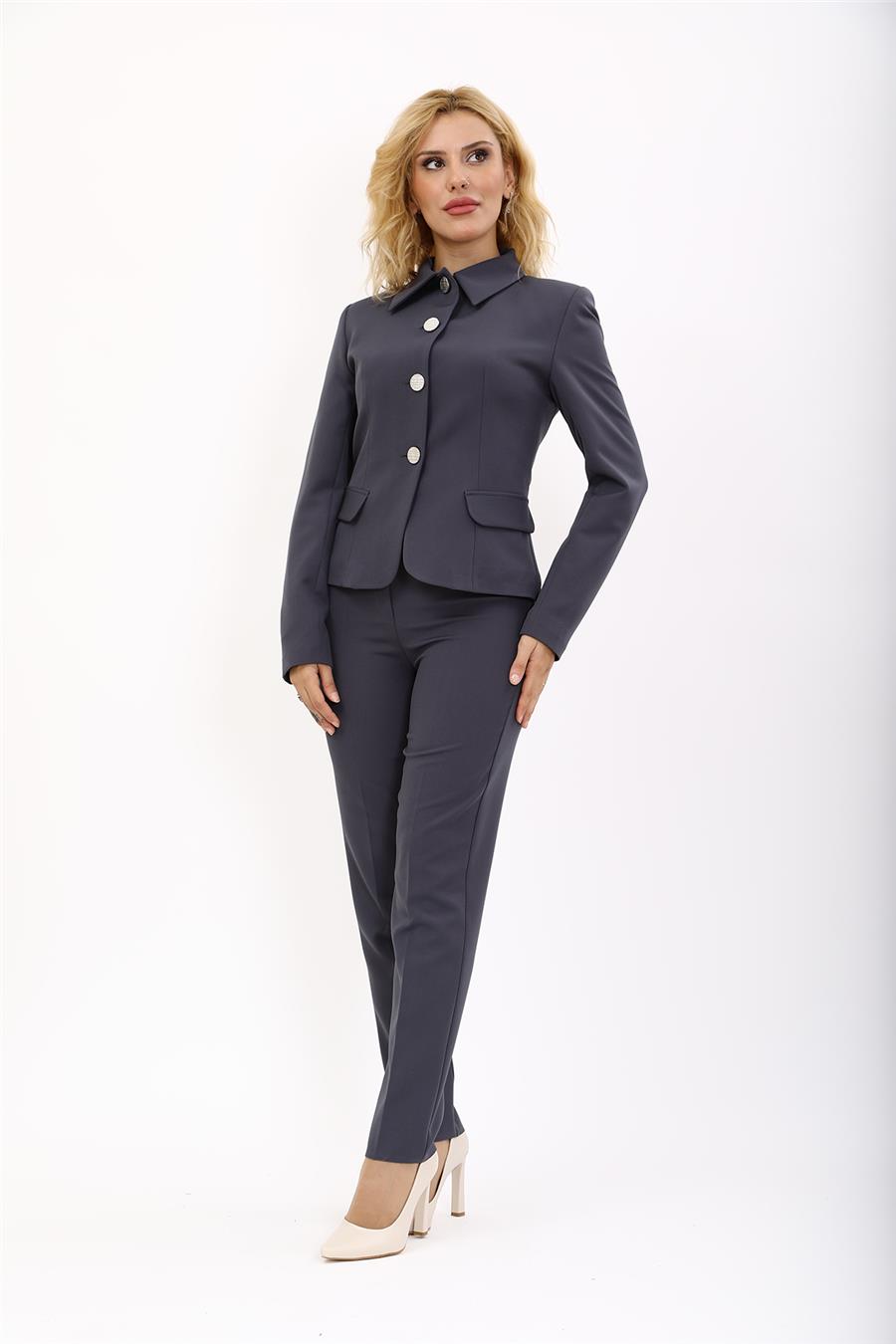 Peplum Ceket & Boru Paça Pantolon Takım-Füme