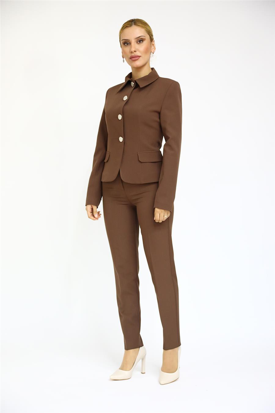 Peplum Ceket & Boru Paça Pantolon Takım-Kestane - 1054510