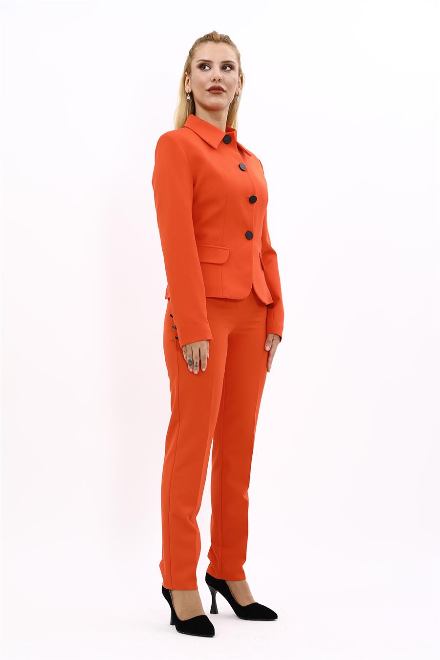 Peplum Ceket & Boru Paça Pantolon Takım-Turuncu