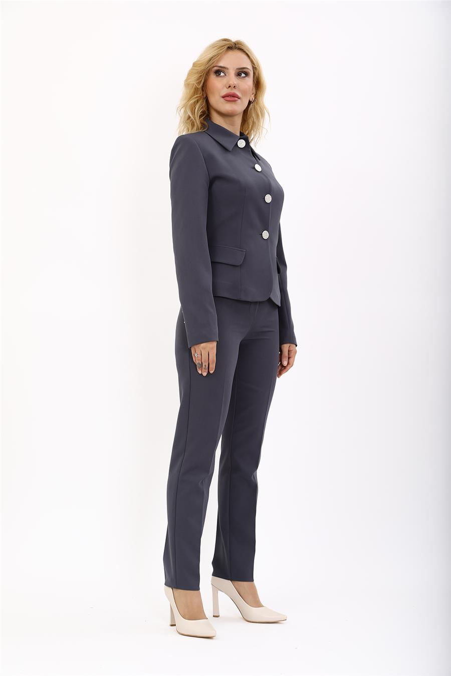 Peplum Ceket & Boru Paça Pantolon Takım-Füme