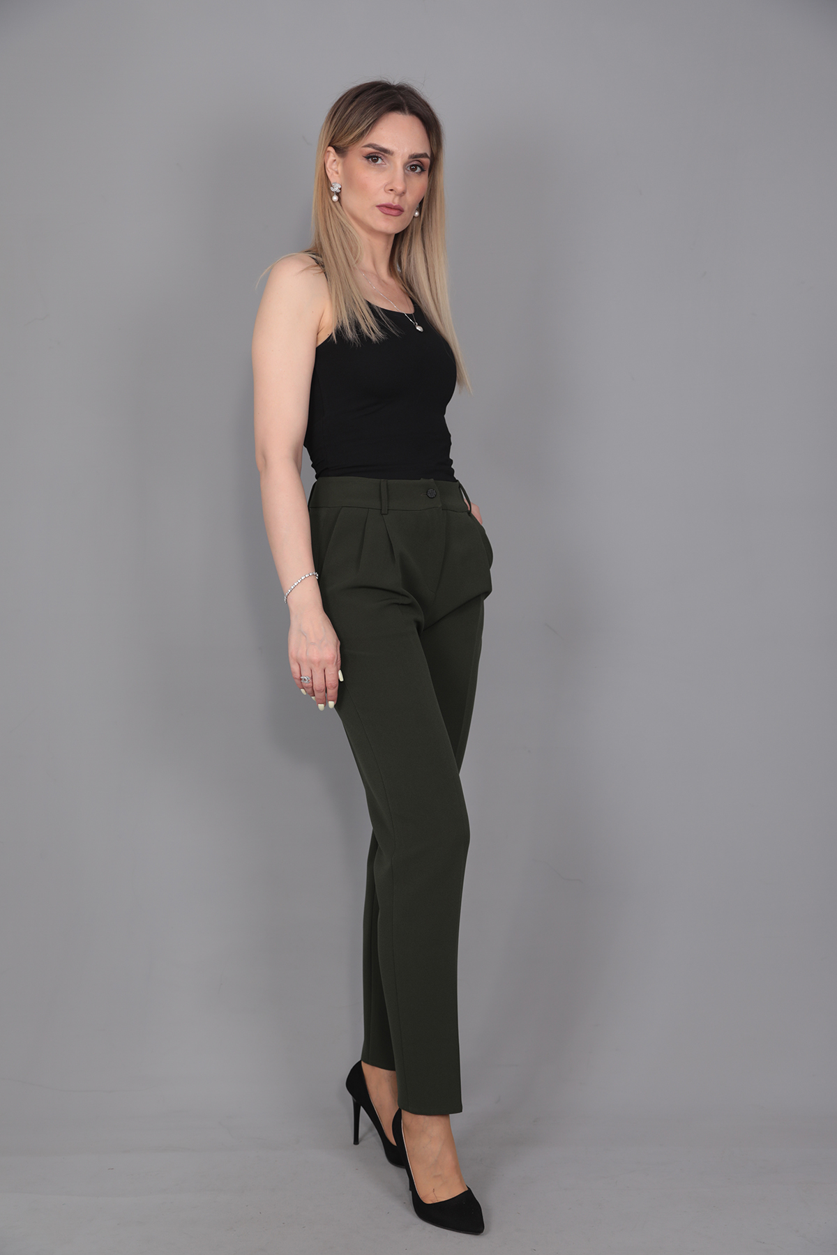 Kemerli Köprülü Dar Paça Pantolon-Haki - 5030100