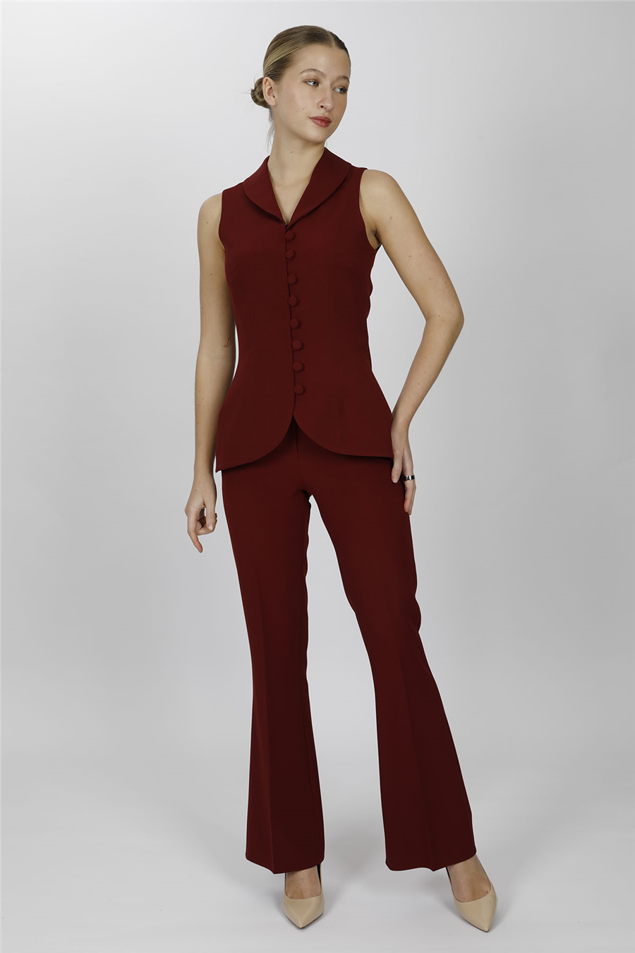 ŞAL YAKA BİRİTLİ YELEK TAKIM 1536506-Bordo