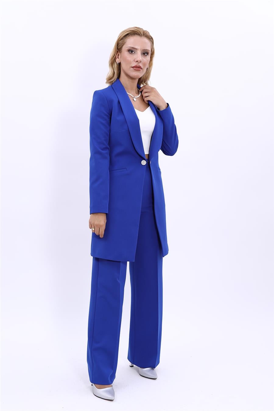 Şal Yaka Cepli Uzun Ceket & Bol Paça Pantolon-Saks - 1004520