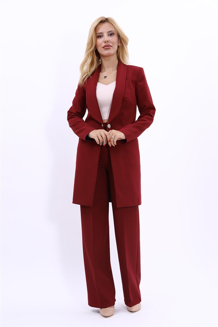 Şal Yaka Cepli Uzun Ceket & Bol Paça Pantolon-Bordo