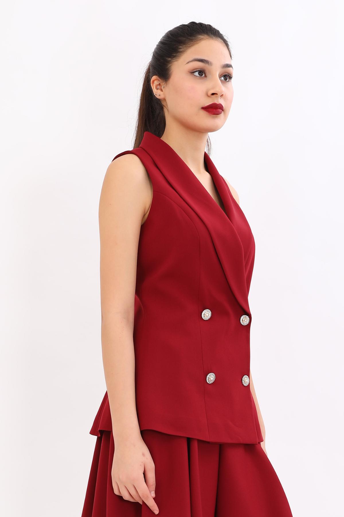 Şal Yaka Kruvaze Modern Kadın Yelek-Bordo