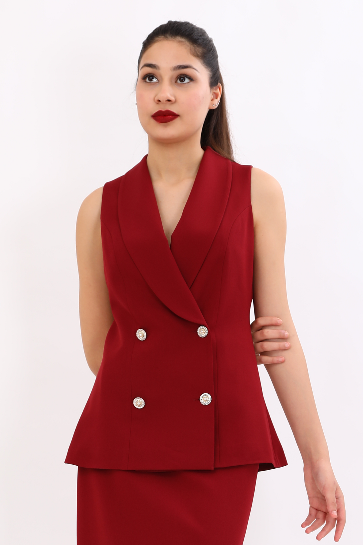 Şal Yaka Kruvaze Modern Kadın Yelek-Bordo